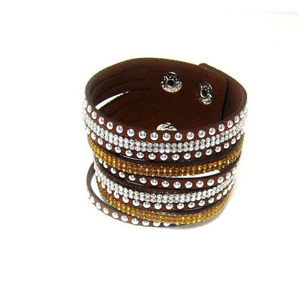 Brown Faux Suede Wide Multi strand Rhinestone Studded Goth Glam style Bracelets - Picture 3 of 3
